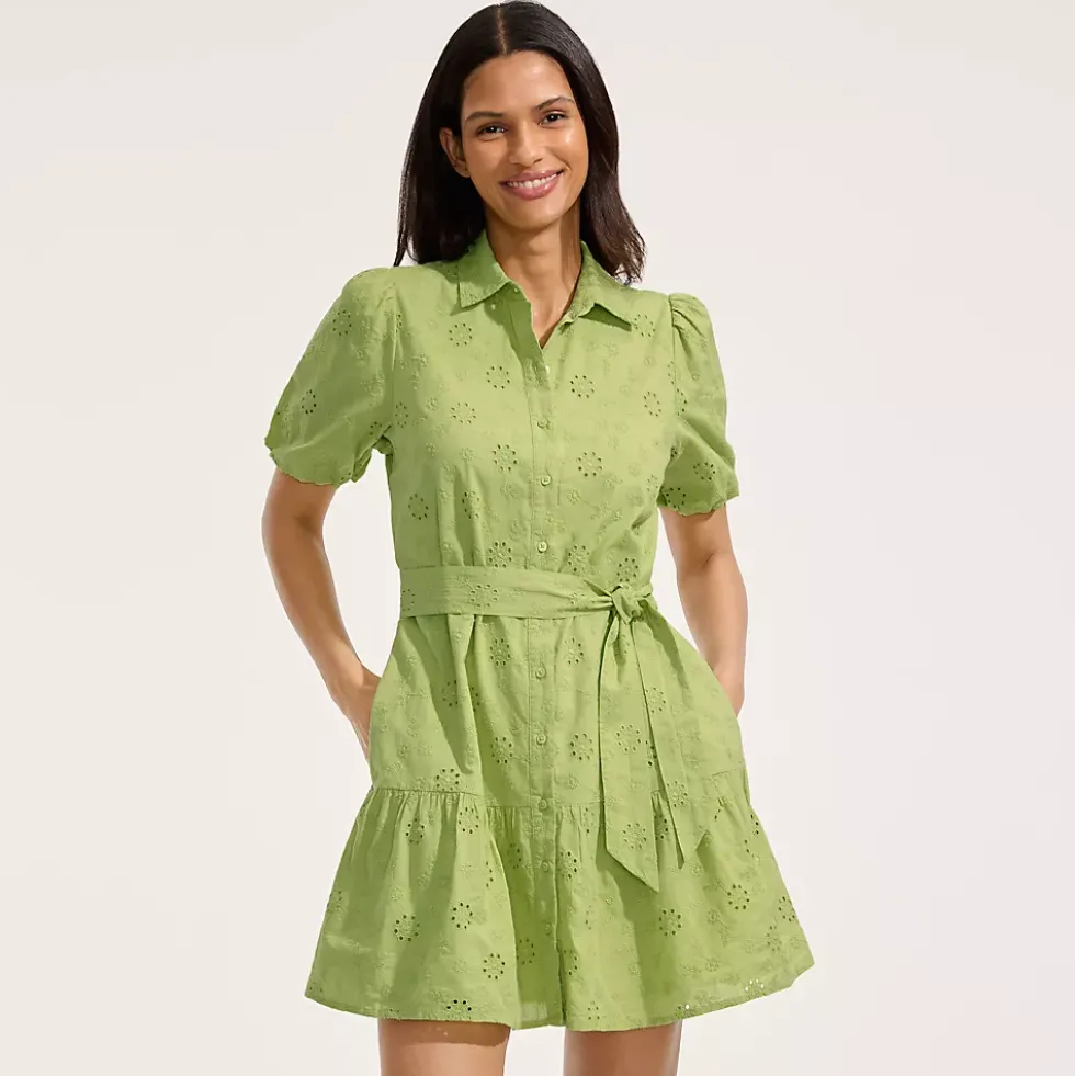 Women's Elbow Sleeve Eyelet Knee Length Shirt Dress