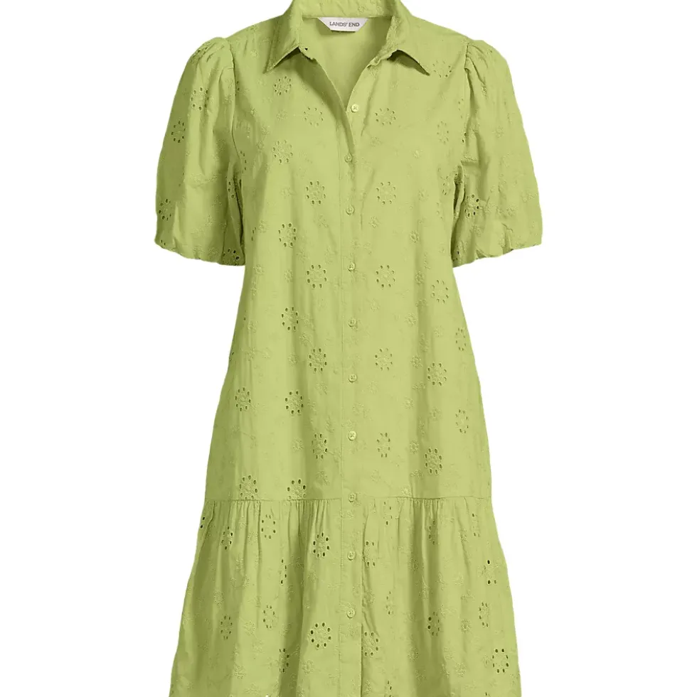 Women's Elbow Sleeve Eyelet Knee Length Shirt Dress