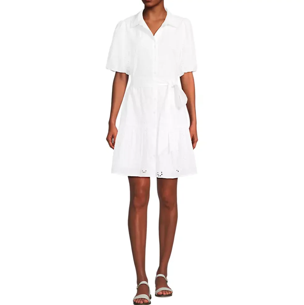 Women's Elbow Sleeve Eyelet Knee Length Shirt Dress