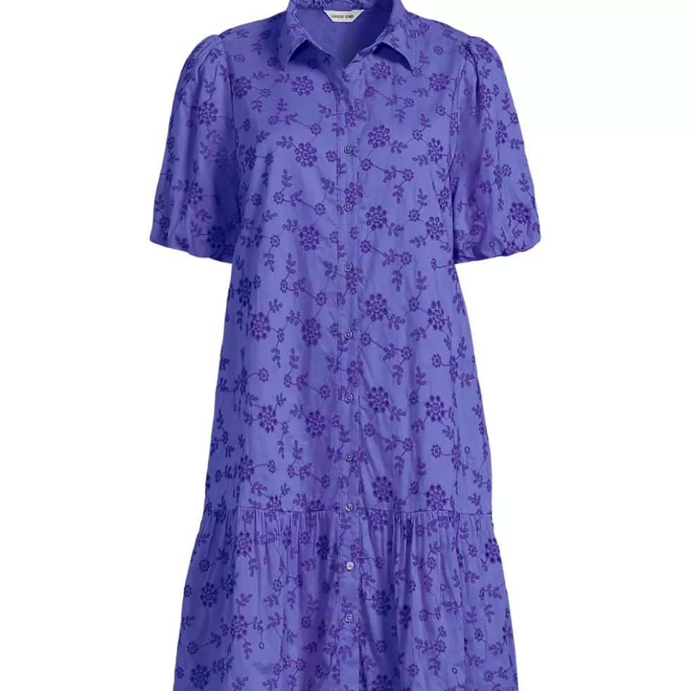 Women's Elbow Sleeve Eyelet Knee Length Shirt Dress
