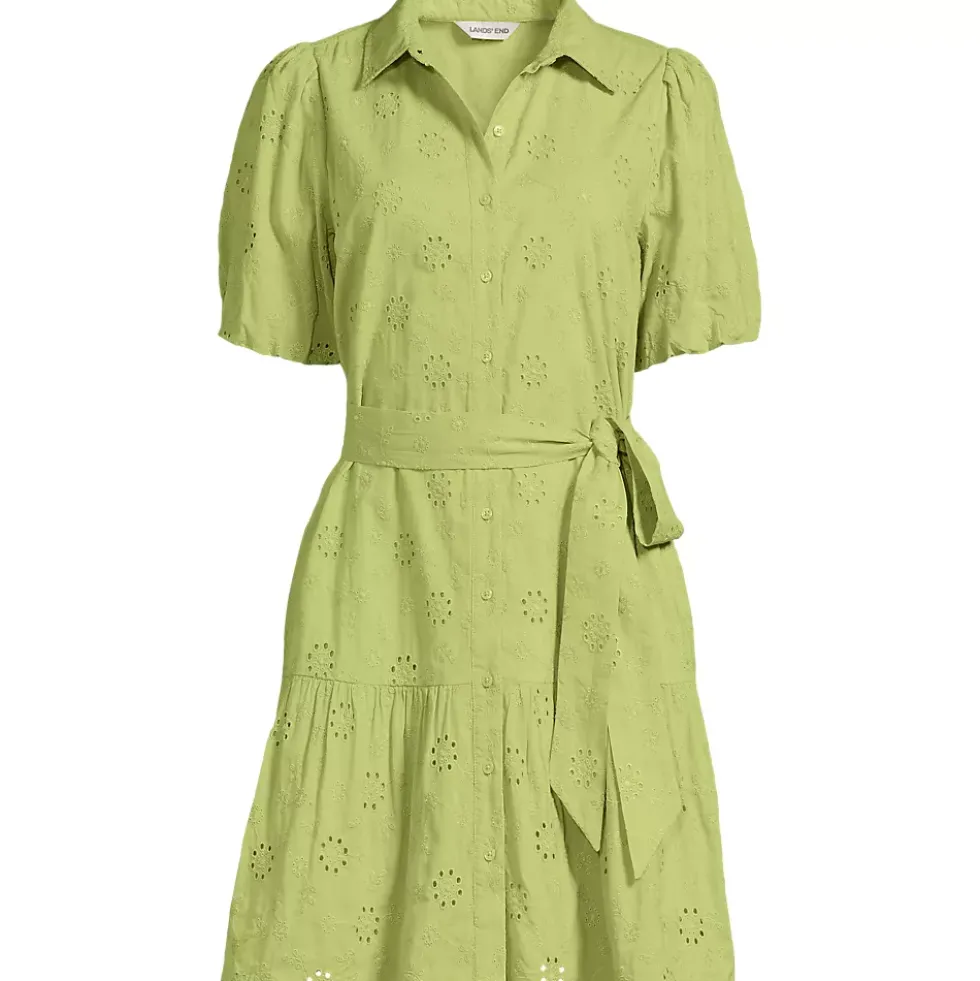 Women's Elbow Sleeve Eyelet Knee Length Shirt Dress
