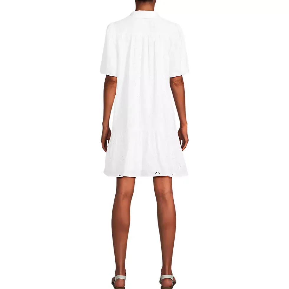 Women's Elbow Sleeve Eyelet Knee Length Shirt Dress