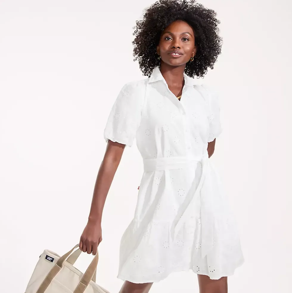 Women's Elbow Sleeve Eyelet Knee Length Shirt Dress