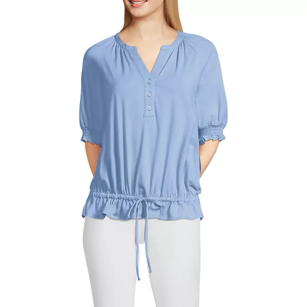Women's Elbow Sleeve Lightweight Jersey Gathered Adjustable Hem Blouse