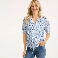 Women's Elbow Sleeve Lightweight Jersey Gathered Adjustable Hem Blouse