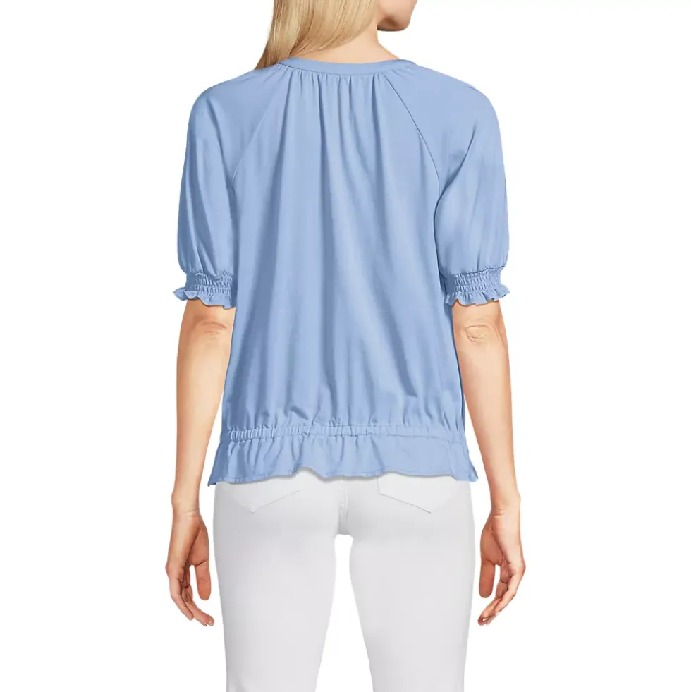 Women's Elbow Sleeve Lightweight Jersey Gathered Adjustable Hem Blouse