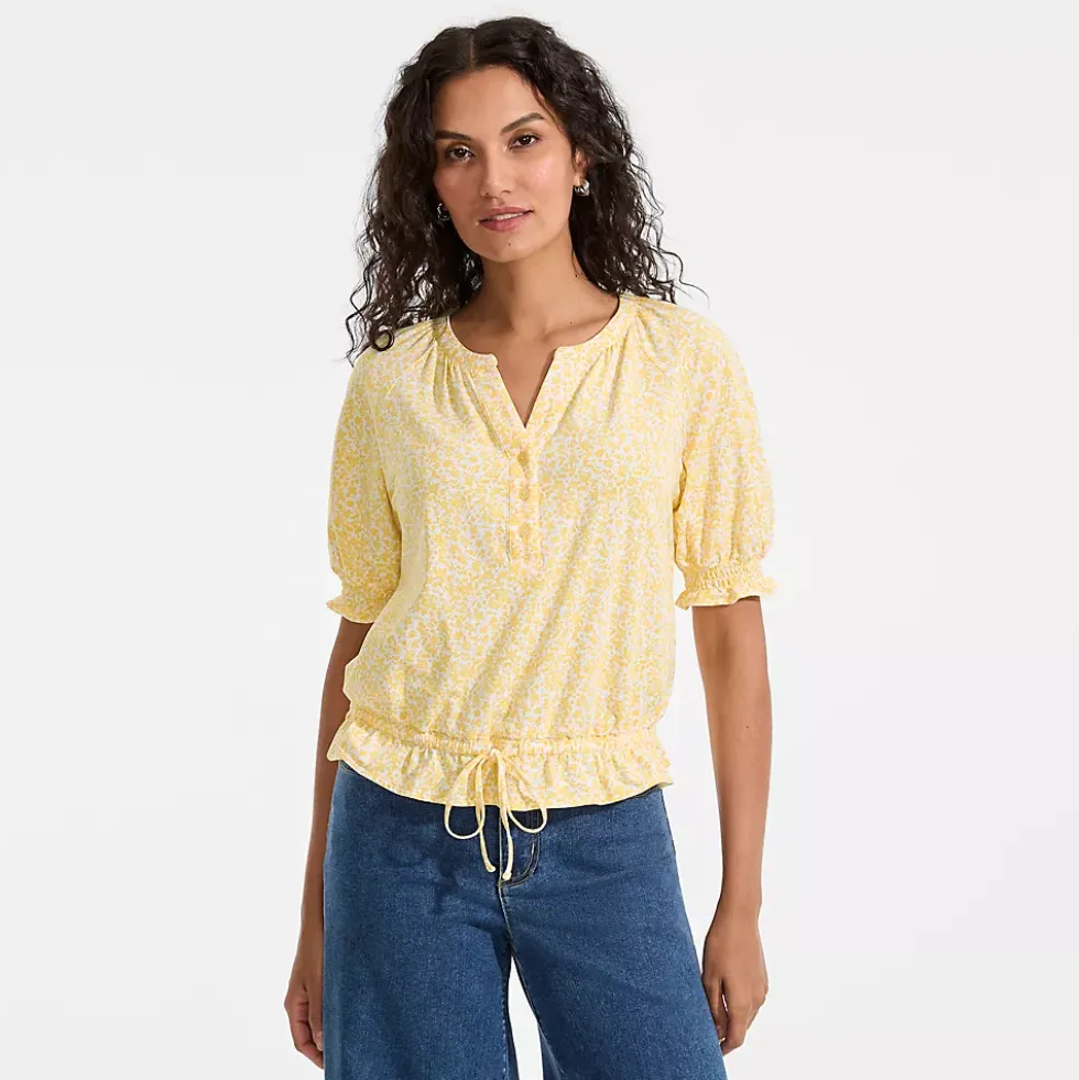 Women's Elbow Sleeve Lightweight Jersey Gathered Adjustable Hem Blouse