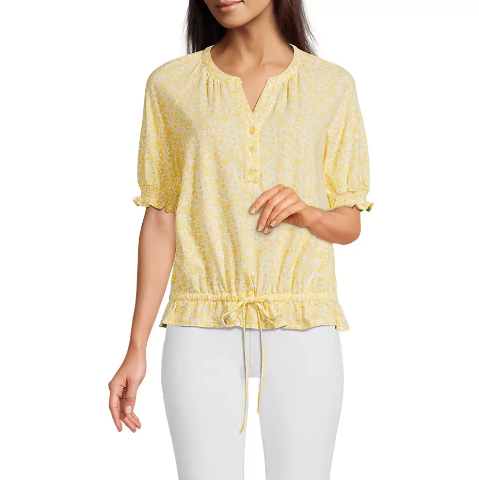 Women's Elbow Sleeve Lightweight Jersey Gathered Adjustable Hem Blouse