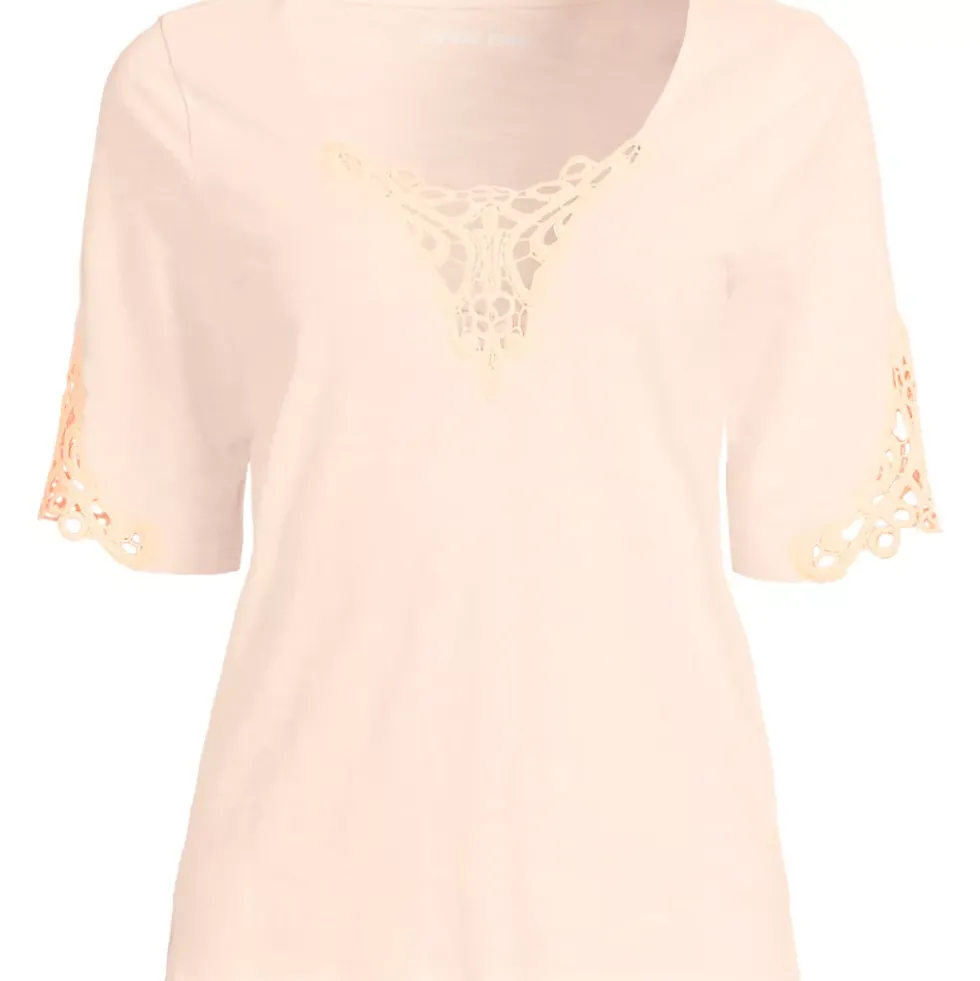 Women's Elbow Sleeve Slub Lace Trim T-Shirt