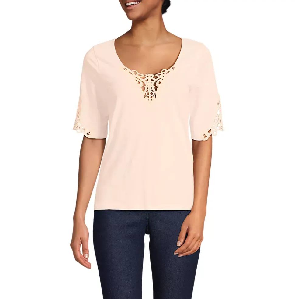 Women's Elbow Sleeve Slub Lace Trim T-Shirt