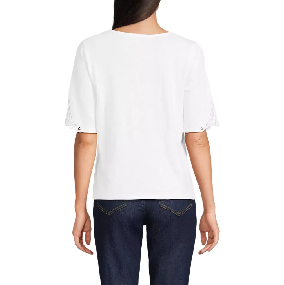 Women's Elbow Sleeve Slub Lace Trim T-Shirt