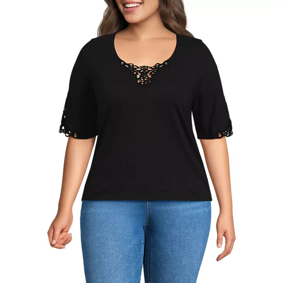 Women's Elbow Sleeve Slub Lace Trim T-Shirt
