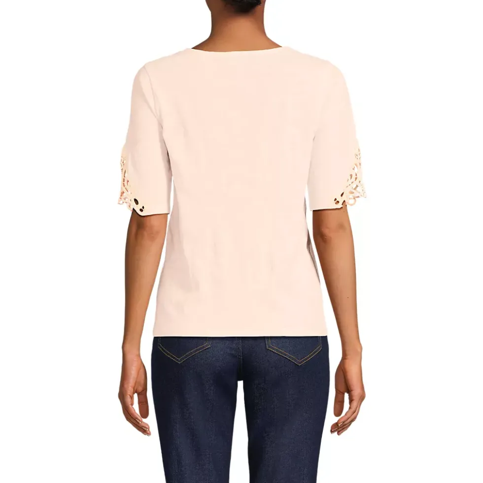 Women's Elbow Sleeve Slub Lace Trim T-Shirt