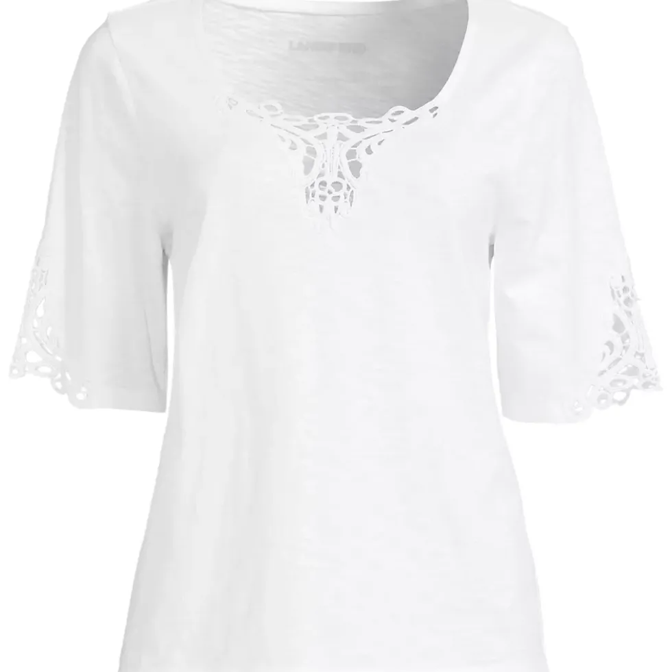 Women's Elbow Sleeve Slub Lace Trim T-Shirt
