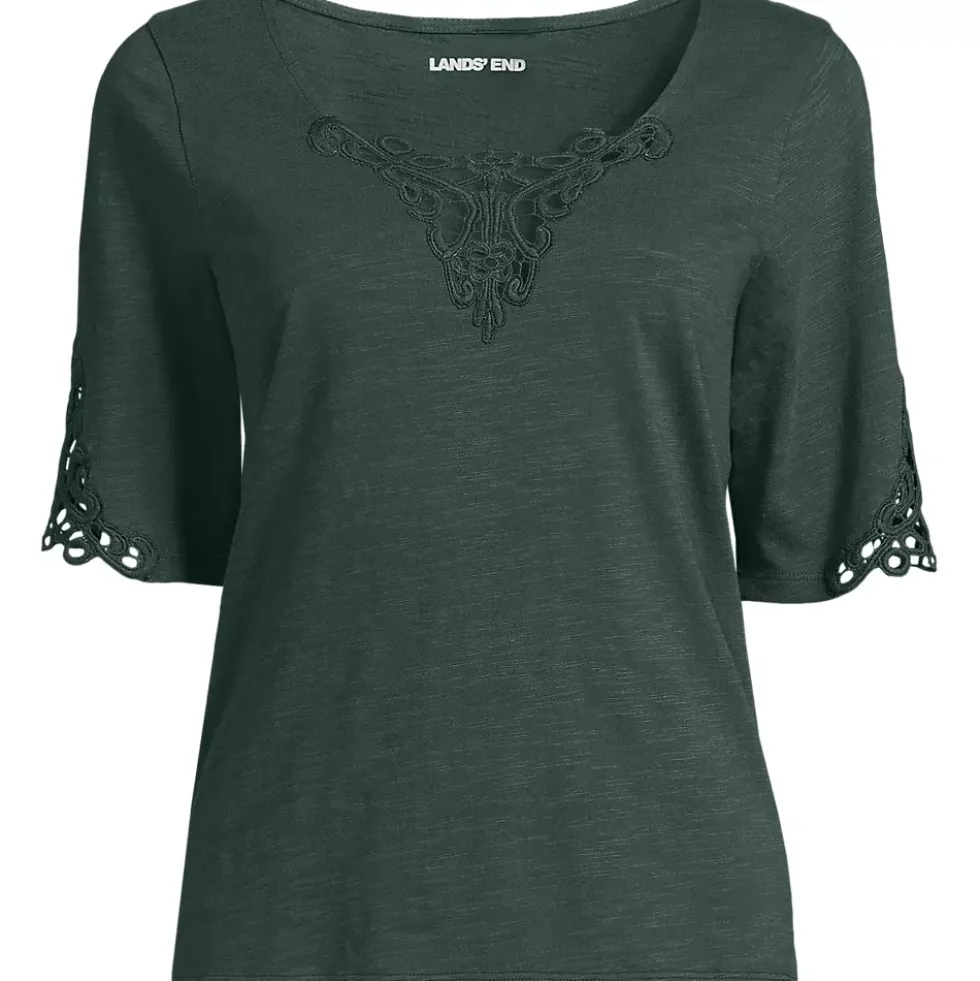 Women's Elbow Sleeve Slub Lace Trim T-Shirt