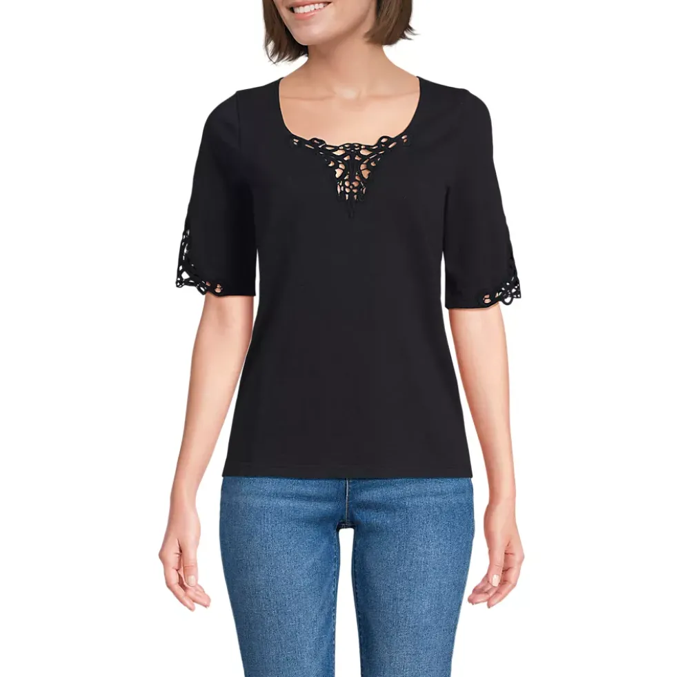 Women's Elbow Sleeve Slub Lace Trim T-Shirt