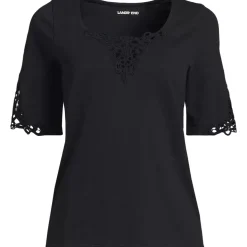 Women's Elbow Sleeve Slub Lace Trim T-Shirt
