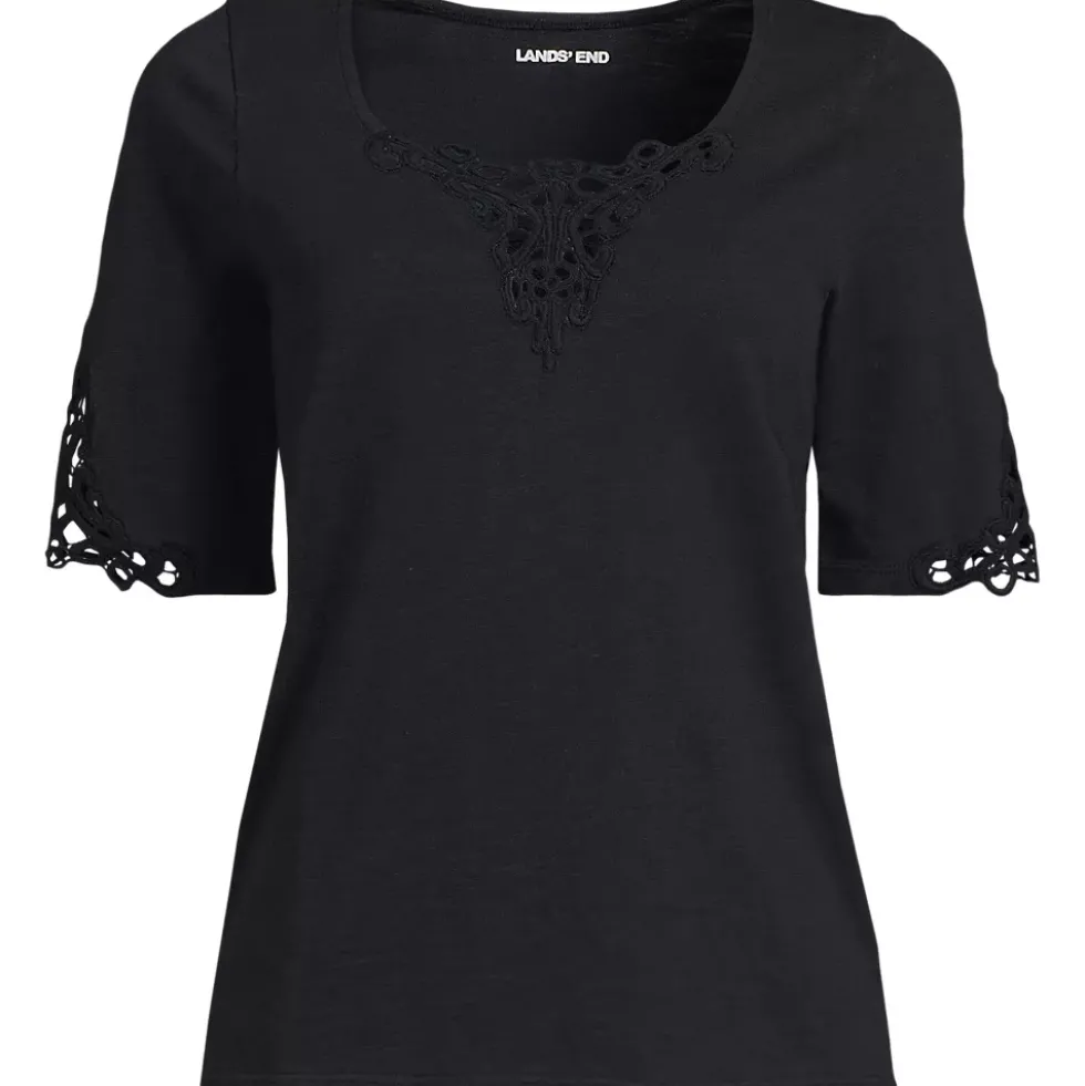 Women's Elbow Sleeve Slub Lace Trim T-Shirt