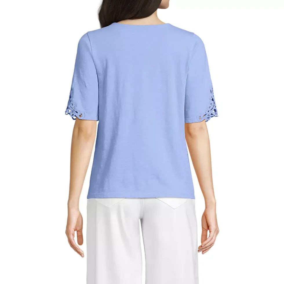 Women's Elbow Sleeve Slub Lace Trim T-Shirt