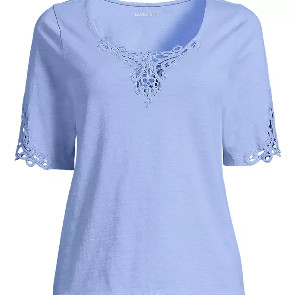 Women's Elbow Sleeve Slub Lace Trim T-Shirt