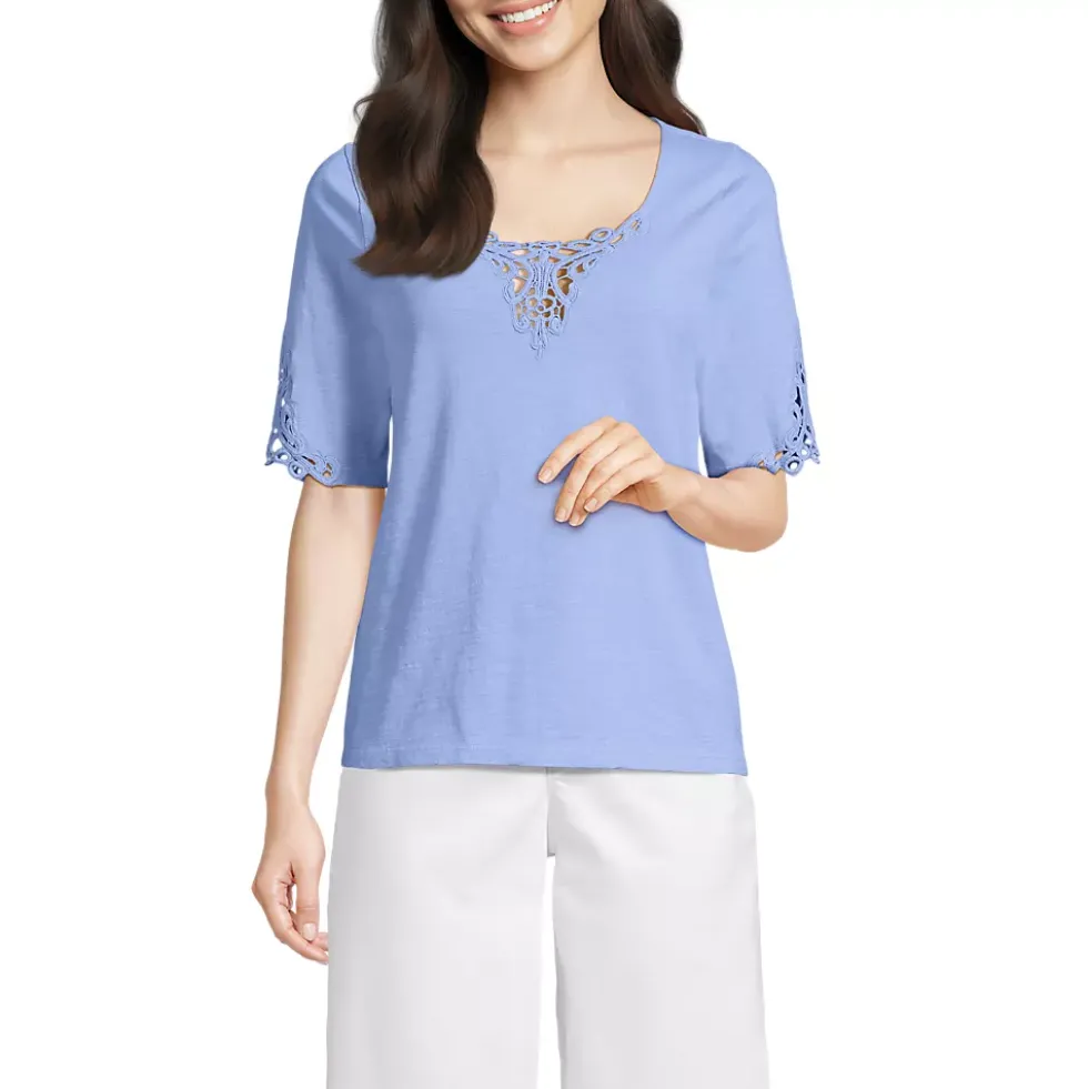 Women's Elbow Sleeve Slub Lace Trim T-Shirt