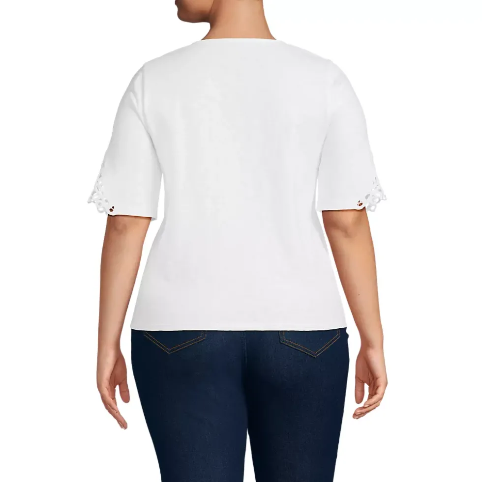 Women's Elbow Sleeve Slub Lace Trim T-Shirt