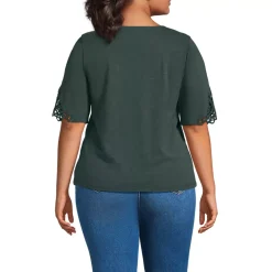 Women's Elbow Sleeve Slub Lace Trim T-Shirt
