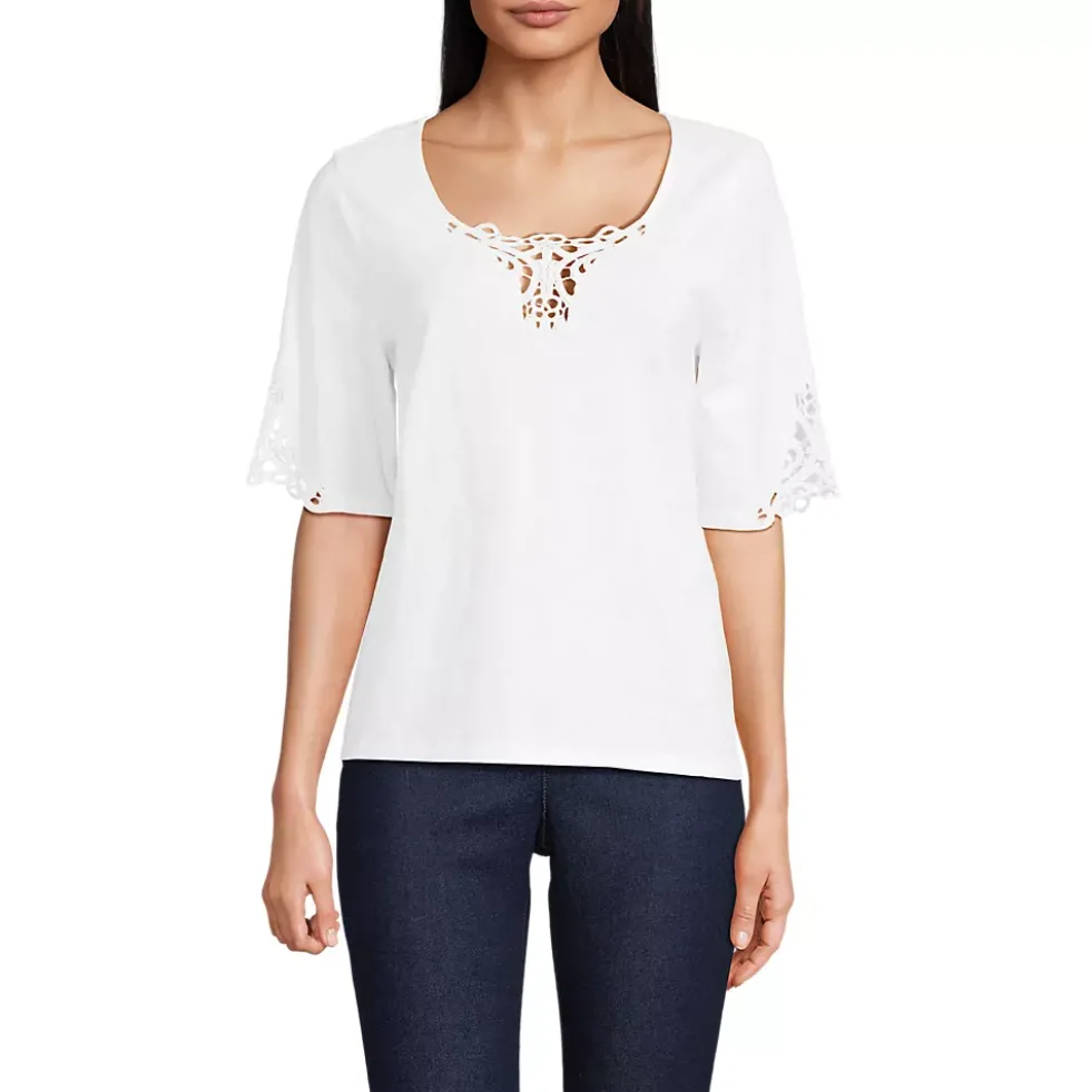 Women's Elbow Sleeve Slub Lace Trim T-Shirt