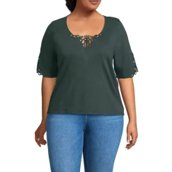 Women's Elbow Sleeve Slub Lace Trim T-Shirt