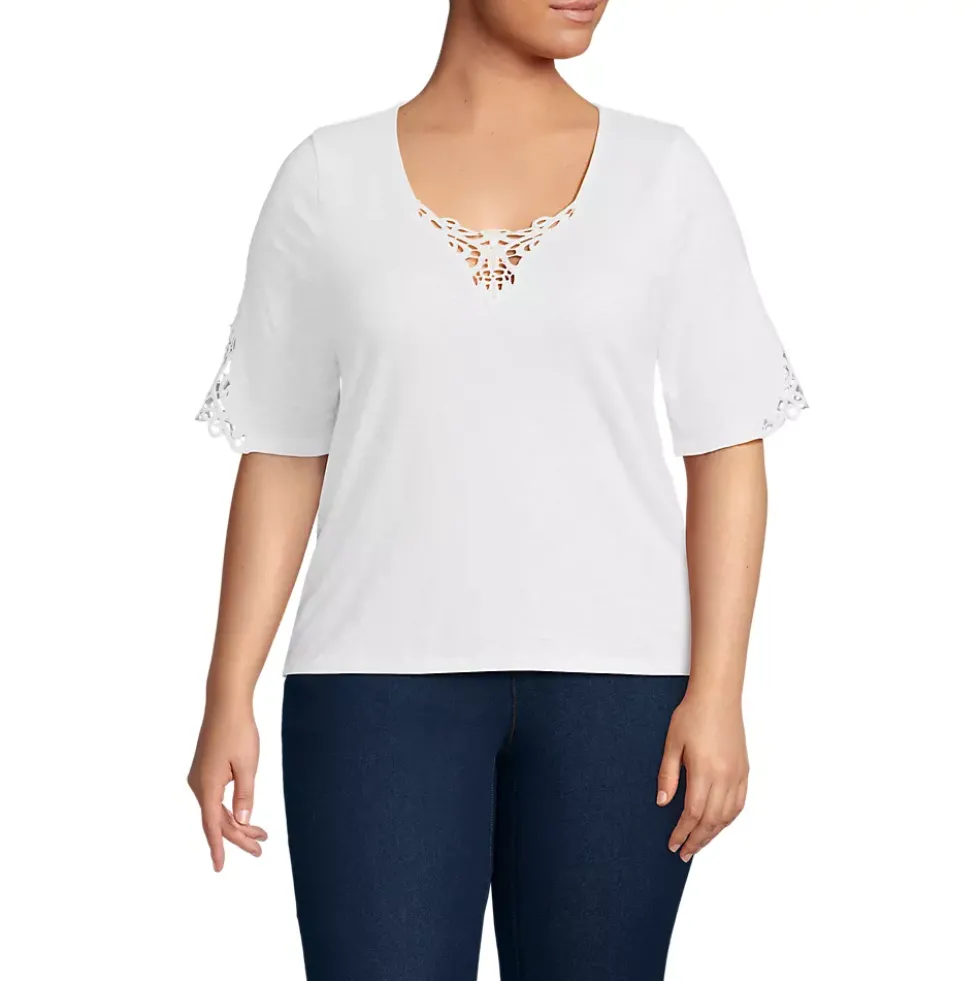 Women's Elbow Sleeve Slub Lace Trim T-Shirt