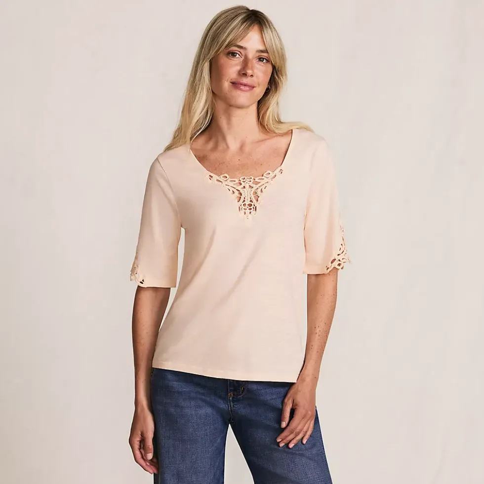 Women's Elbow Sleeve Slub Lace Trim T-Shirt