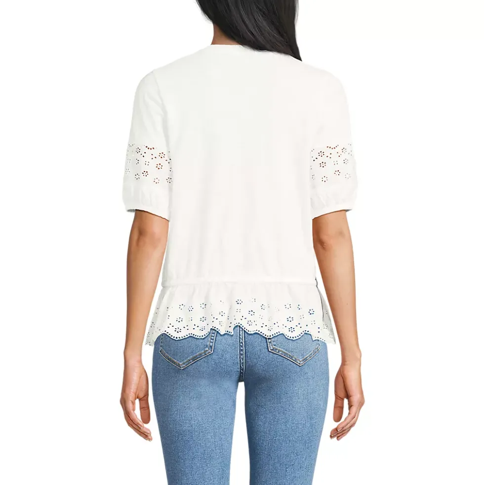 Women's Elbow Sleeve Slub Lace Trim Adjustable Hem Top