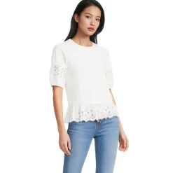 Women's Elbow Sleeve Slub Lace Trim Adjustable Hem Top