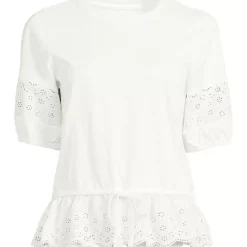 Women's Elbow Sleeve Slub Lace Trim Adjustable Hem Top