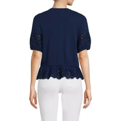 Women's Elbow Sleeve Slub Lace Trim Adjustable Hem Top