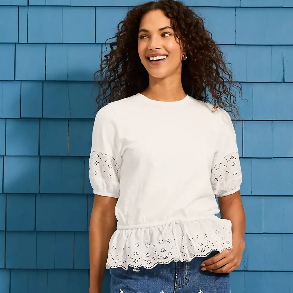 Women's Elbow Sleeve Slub Lace Trim Adjustable Hem Top