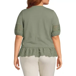 Women's Elbow Sleeve Slub Lace Trim Adjustable Hem Top