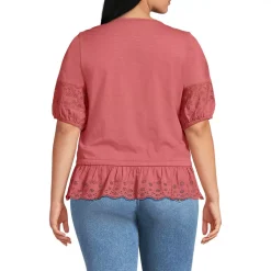 Women's Elbow Sleeve Slub Lace Trim Adjustable Hem Top