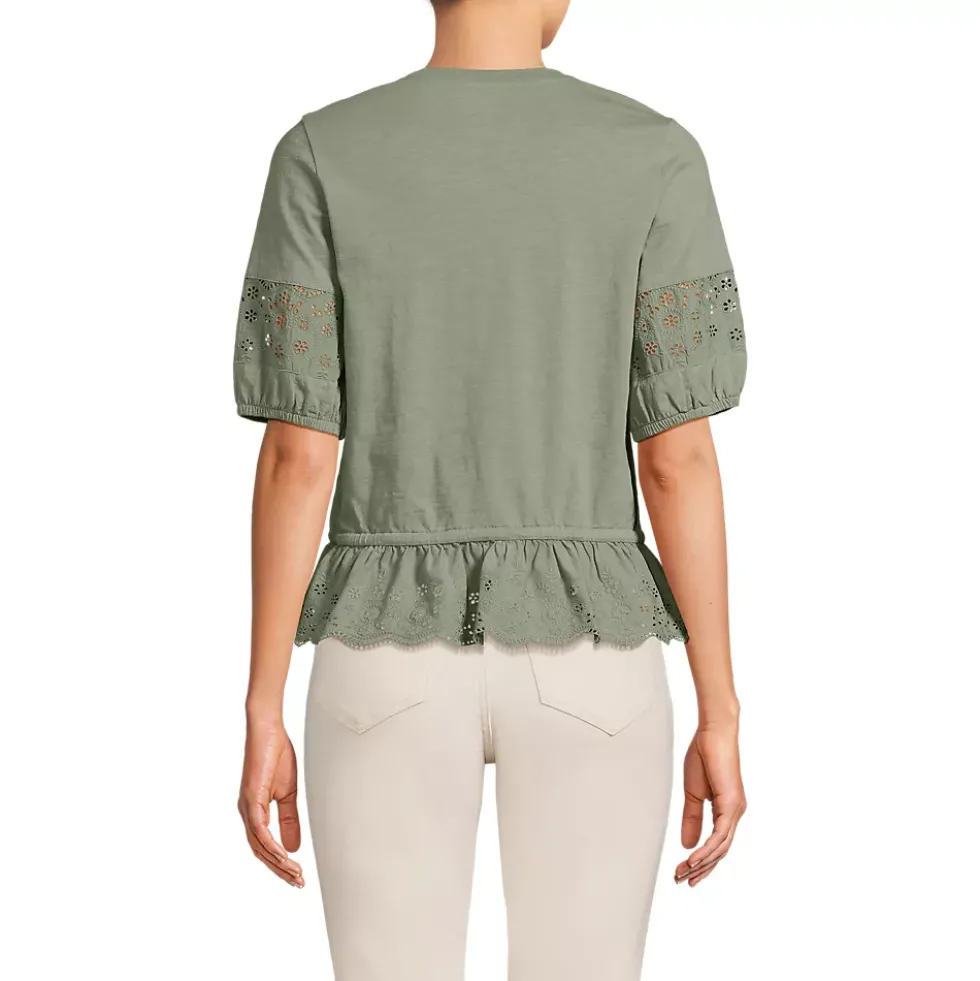 Women's Elbow Sleeve Slub Lace Trim Adjustable Hem Top