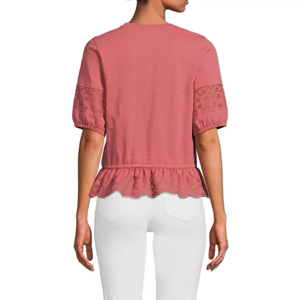 Women's Elbow Sleeve Slub Lace Trim Adjustable Hem Top
