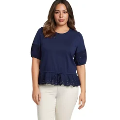 Women's Elbow Sleeve Slub Lace Trim Adjustable Hem Top