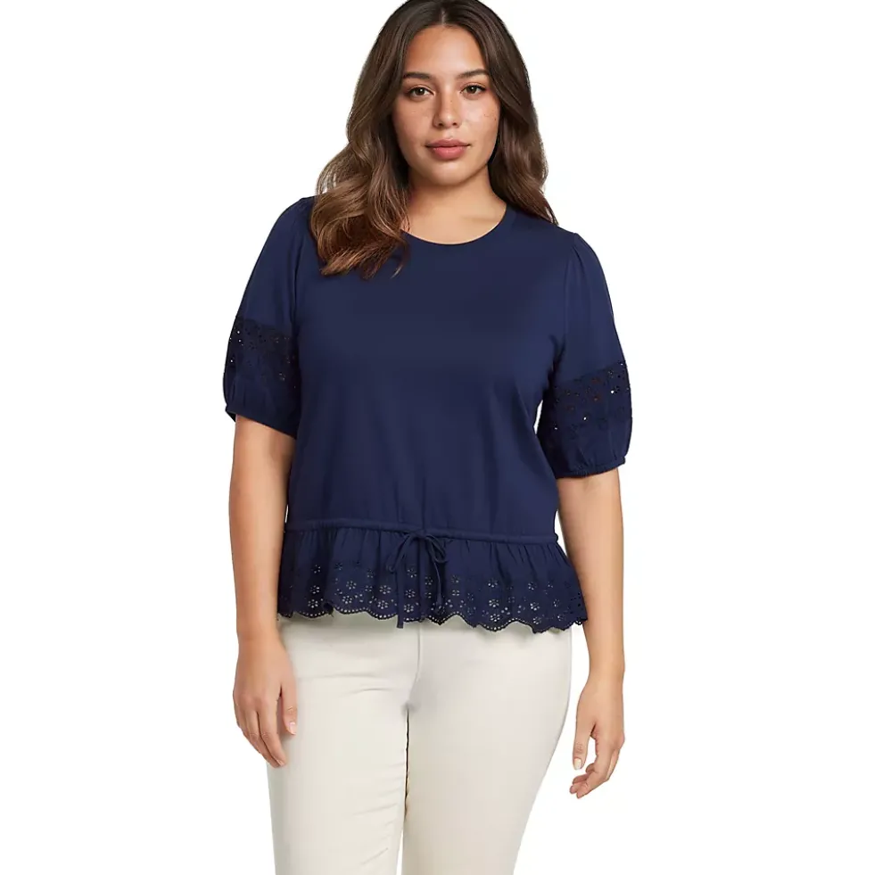 Women's Elbow Sleeve Slub Lace Trim Adjustable Hem Top