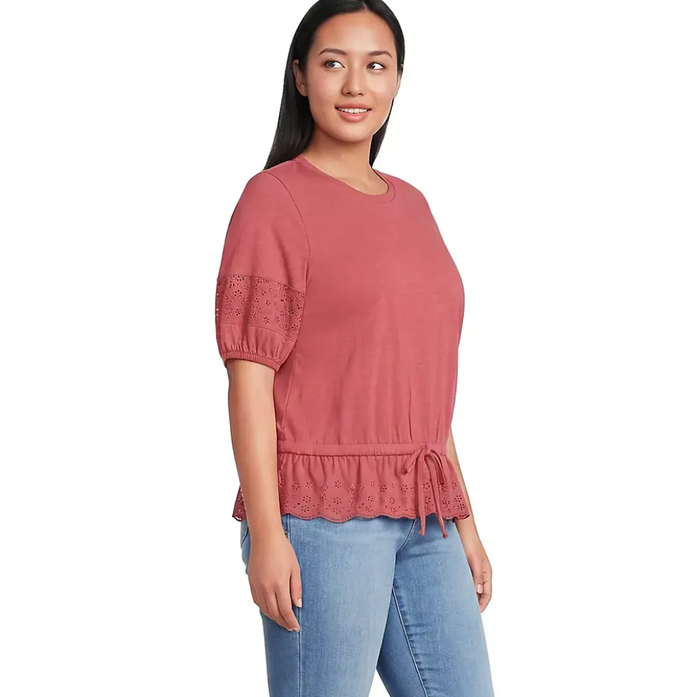 Women's Elbow Sleeve Slub Lace Trim Adjustable Hem Top