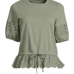 Women's Elbow Sleeve Slub Lace Trim Adjustable Hem Top