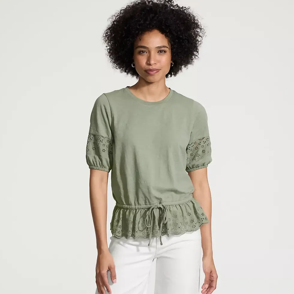 Women's Elbow Sleeve Slub Lace Trim Adjustable Hem Top