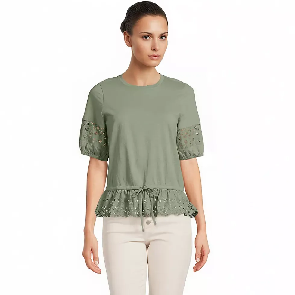 Women's Elbow Sleeve Slub Lace Trim Adjustable Hem Top