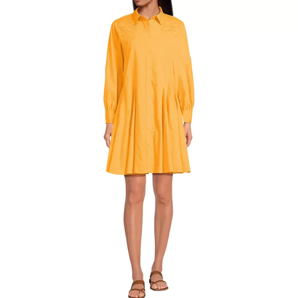 Women's Embroidered Poplin Button Front Dress with Godets