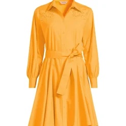 Women's Embroidered Poplin Button Front Dress with Godets