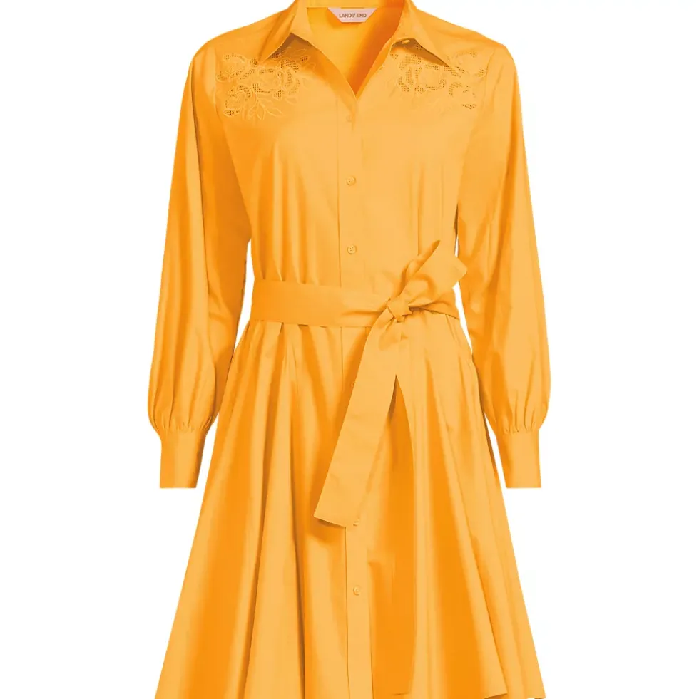 Women's Embroidered Poplin Button Front Dress with Godets