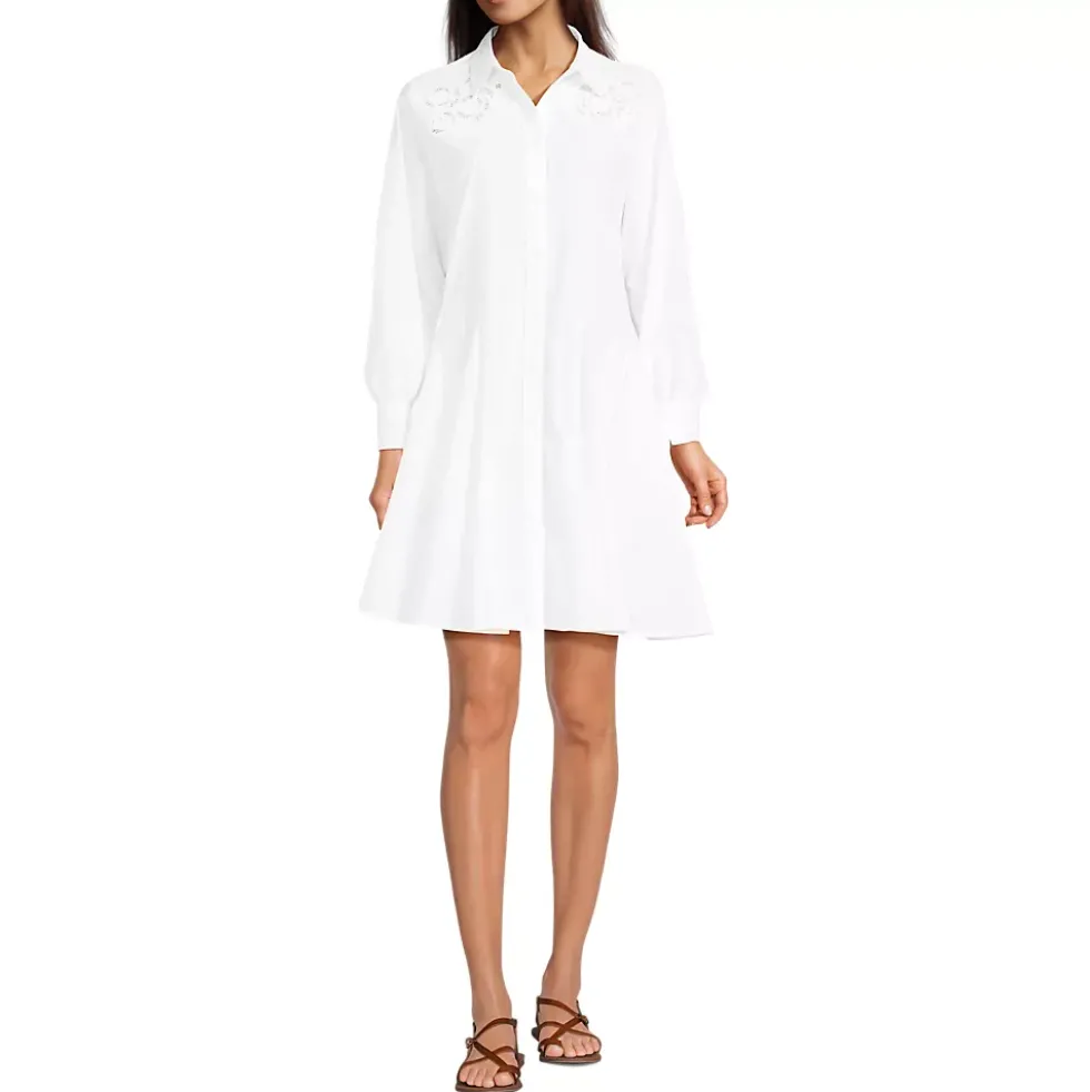 Women's Embroidered Poplin Button Front Dress with Godets